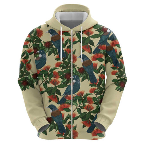 New Zealand Christmas Zip Hoodie Romantic Tui Birds on Pohutukawa - Ivory - Aussie Hoodie