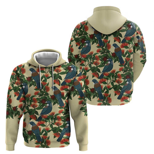 New Zealand Christmas Zip Hoodie Romantic Tui Birds on Pohutukawa - Ivory - Aussie Hoodie