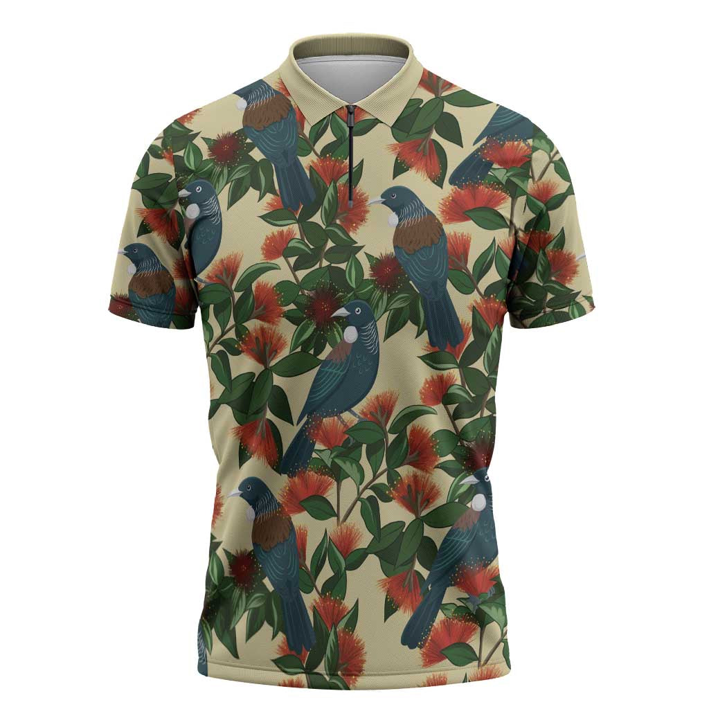 New Zealand Christmas Zipper Polo Shirt Romantic Tui Birds on Pohutukawa - Ivory - Aussie Hoodie