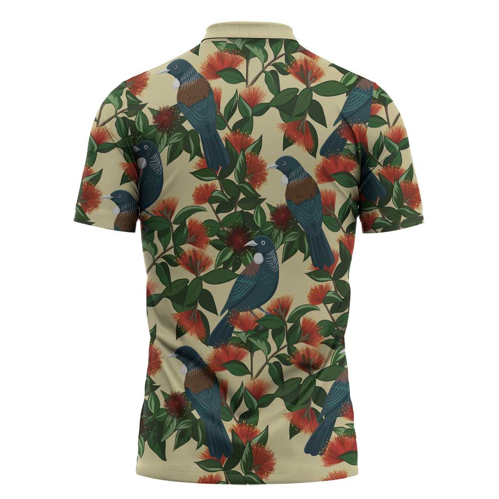 New Zealand Christmas Zipper Polo Shirt Romantic Tui Birds on Pohutukawa - Ivory - Aussie Hoodie