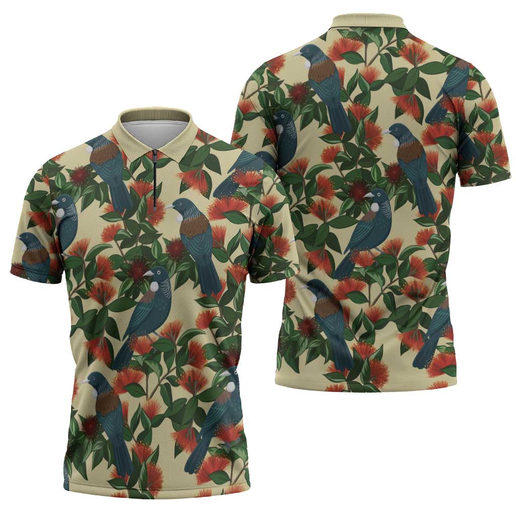New Zealand Christmas Zipper Polo Shirt Romantic Tui Birds on Pohutukawa - Ivory - Aussie Hoodie