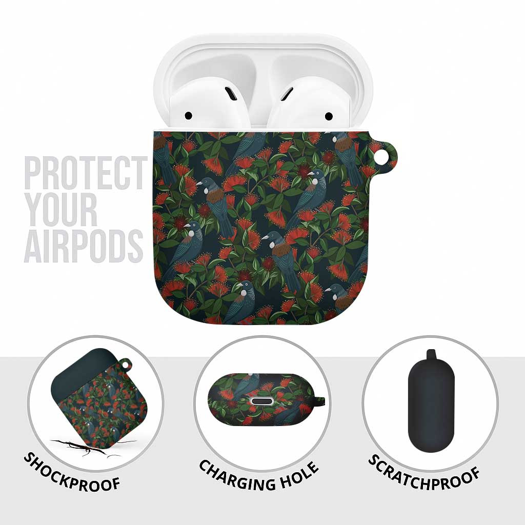New Zealand Christmas AirPods Case Romantic Tui Birds on Pohutukawa - Cobalt - Aussie Hoodie