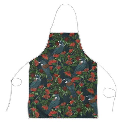 New Zealand Christmas Apron Romantic Tui Birds on Pohutukawa - Cobalt - Aussie Hoodie