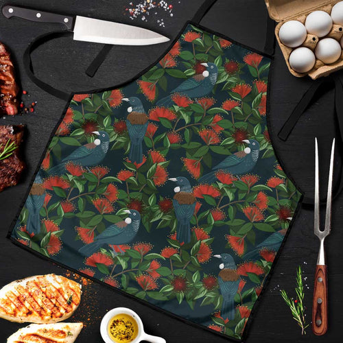 New Zealand Christmas Apron Romantic Tui Birds on Pohutukawa - Cobalt - Aussie Hoodie