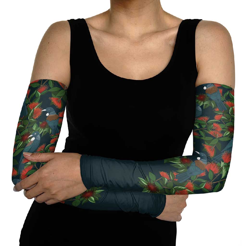 New Zealand Christmas Arm Sleeves Romantic Tui Birds on Pohutukawa - Cobalt - Aussie Hoodie