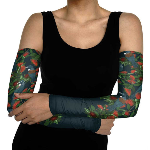 New Zealand Christmas Arm Sleeves Romantic Tui Birds on Pohutukawa - Cobalt - Aussie Hoodie