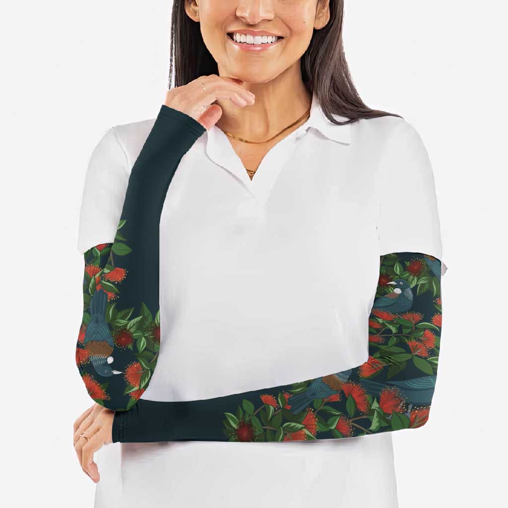 New Zealand Christmas Arm Sleeves Romantic Tui Birds on Pohutukawa - Cobalt - Aussie Hoodie