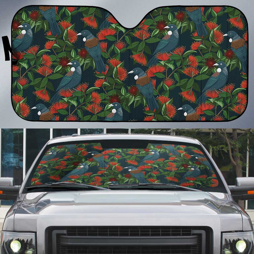 New Zealand Christmas Auto Sun Shade Romantic Tui Birds on Pohutukawa - Cobalt - Aussie Hoodie