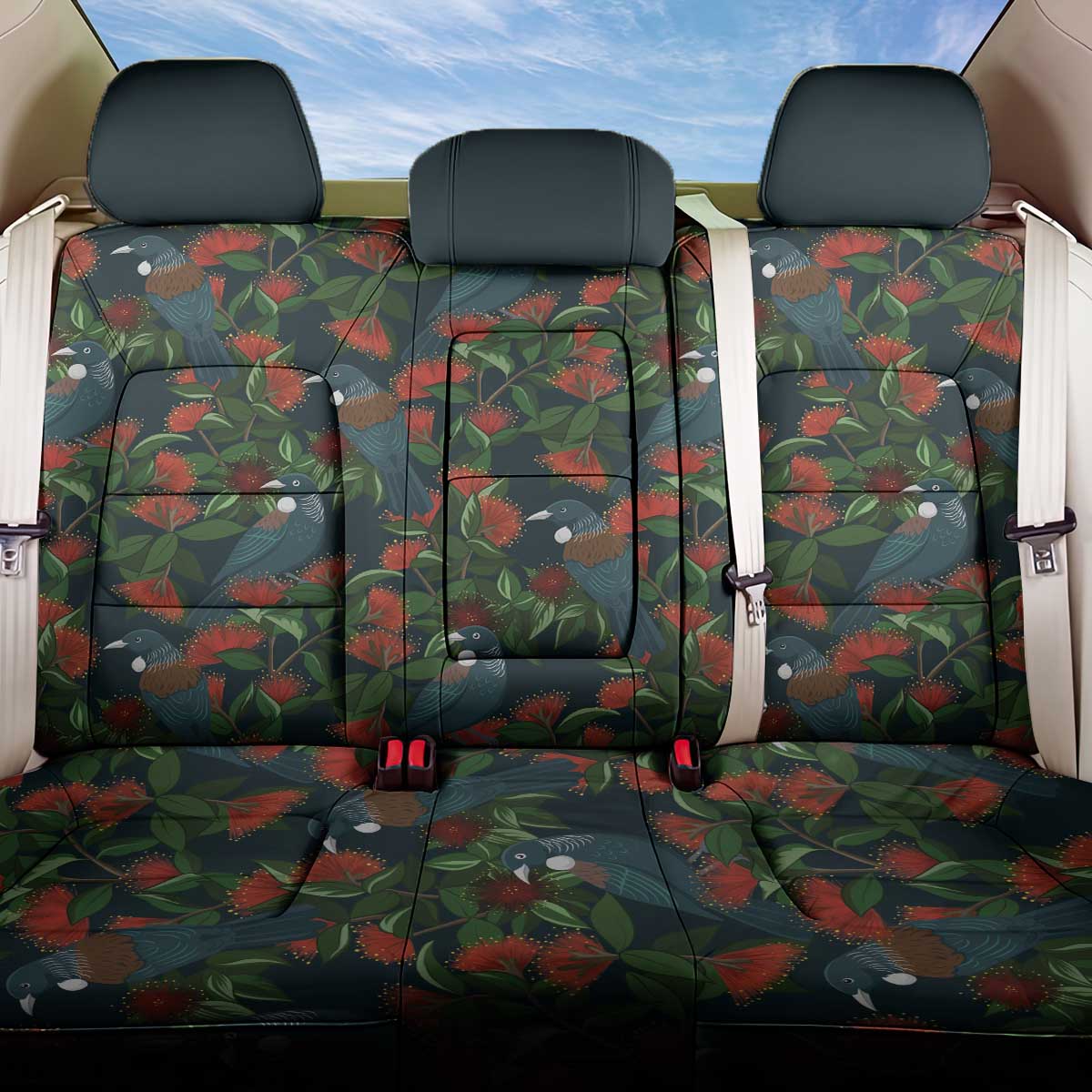 New Zealand Christmas Back Car Seat Cover Romantic Tui Birds on Pohutukawa - Cobalt - Aussie Hoodie