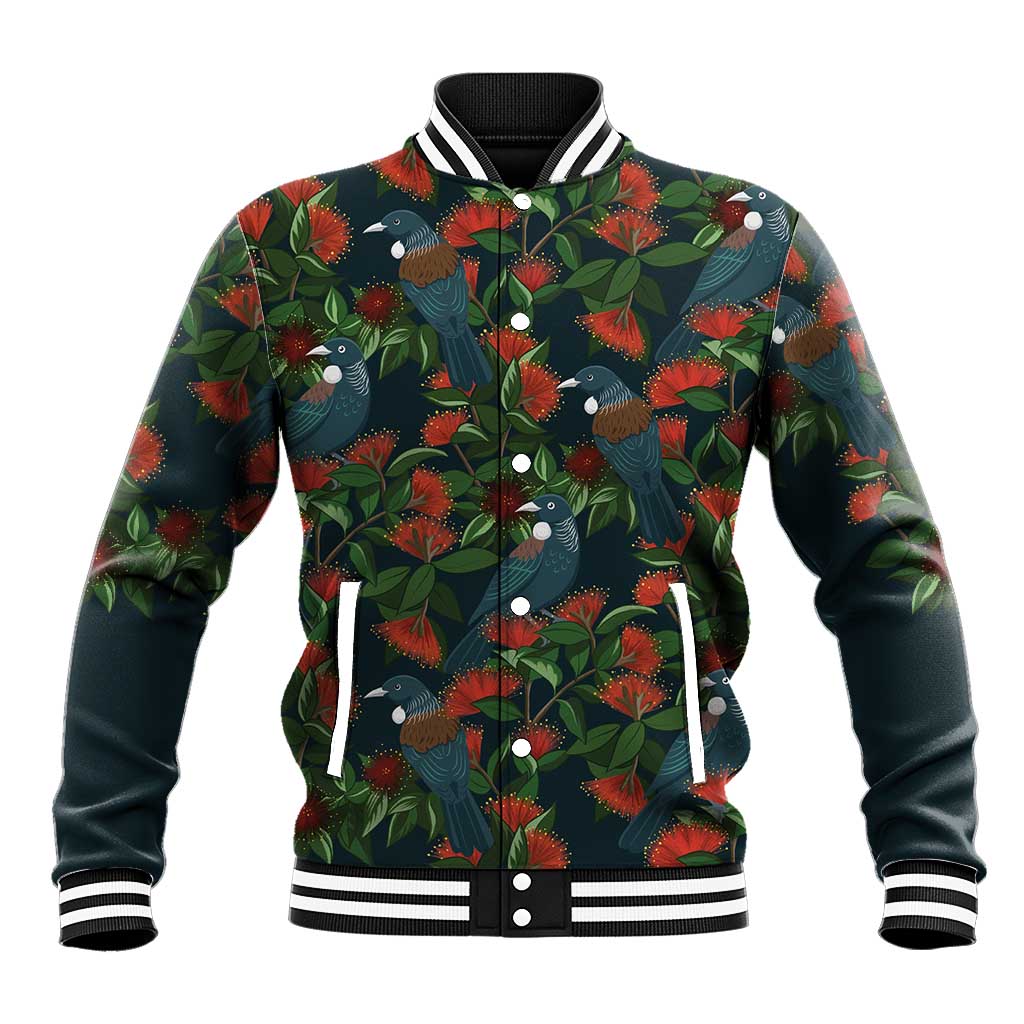 New Zealand Christmas Baseball Jacket Romantic Tui Birds on Pohutukawa - Cobalt - Aussie Hoodie