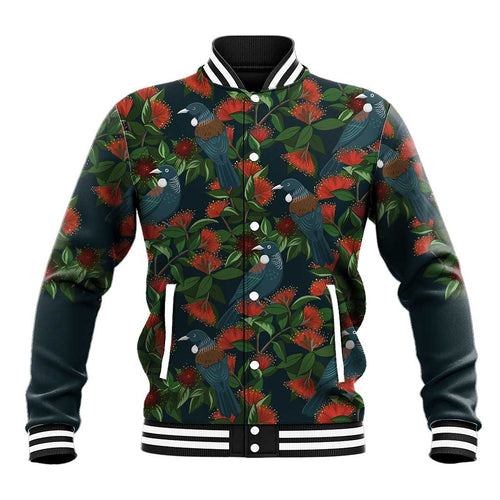 New Zealand Christmas Baseball Jacket Romantic Tui Birds on Pohutukawa - Cobalt - Aussie Hoodie