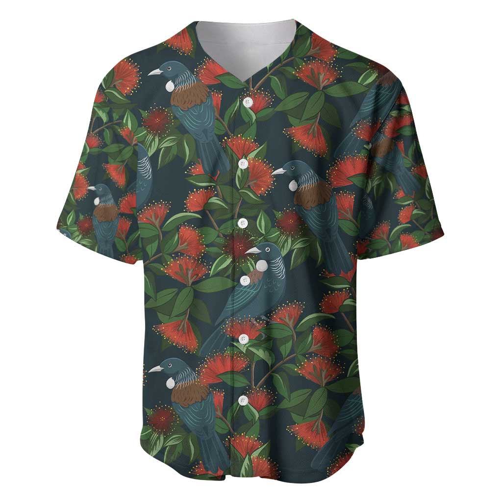 New Zealand Christmas Baseball Jersey Romantic Tui Birds on Pohutukawa - Cobalt - Aussie Hoodie