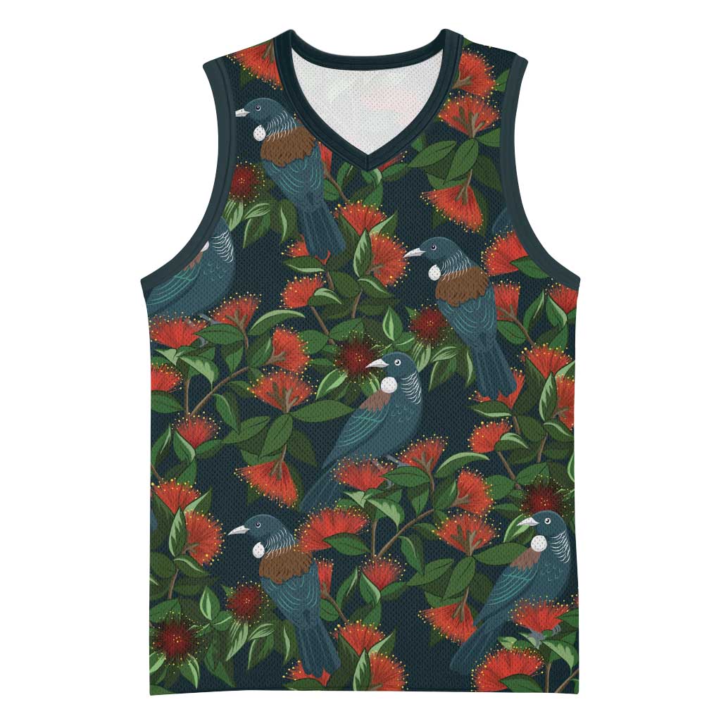 New Zealand Christmas Basketball Jersey Romantic Tui Birds on Pohutukawa - Cobalt - Aussie Hoodie