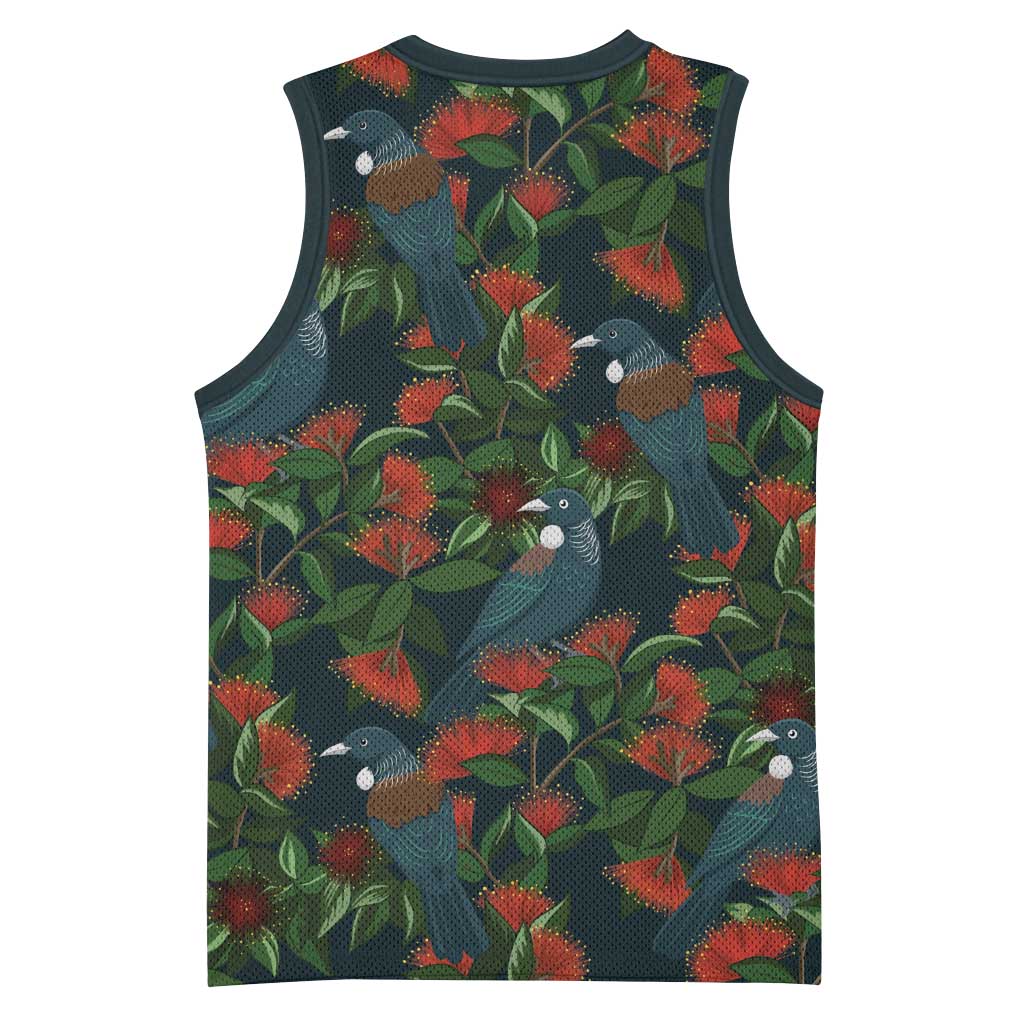 New Zealand Christmas Basketball Jersey Romantic Tui Birds on Pohutukawa - Cobalt - Aussie Hoodie