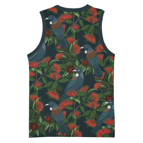 New Zealand Christmas Basketball Jersey Romantic Tui Birds on Pohutukawa - Cobalt - Aussie Hoodie