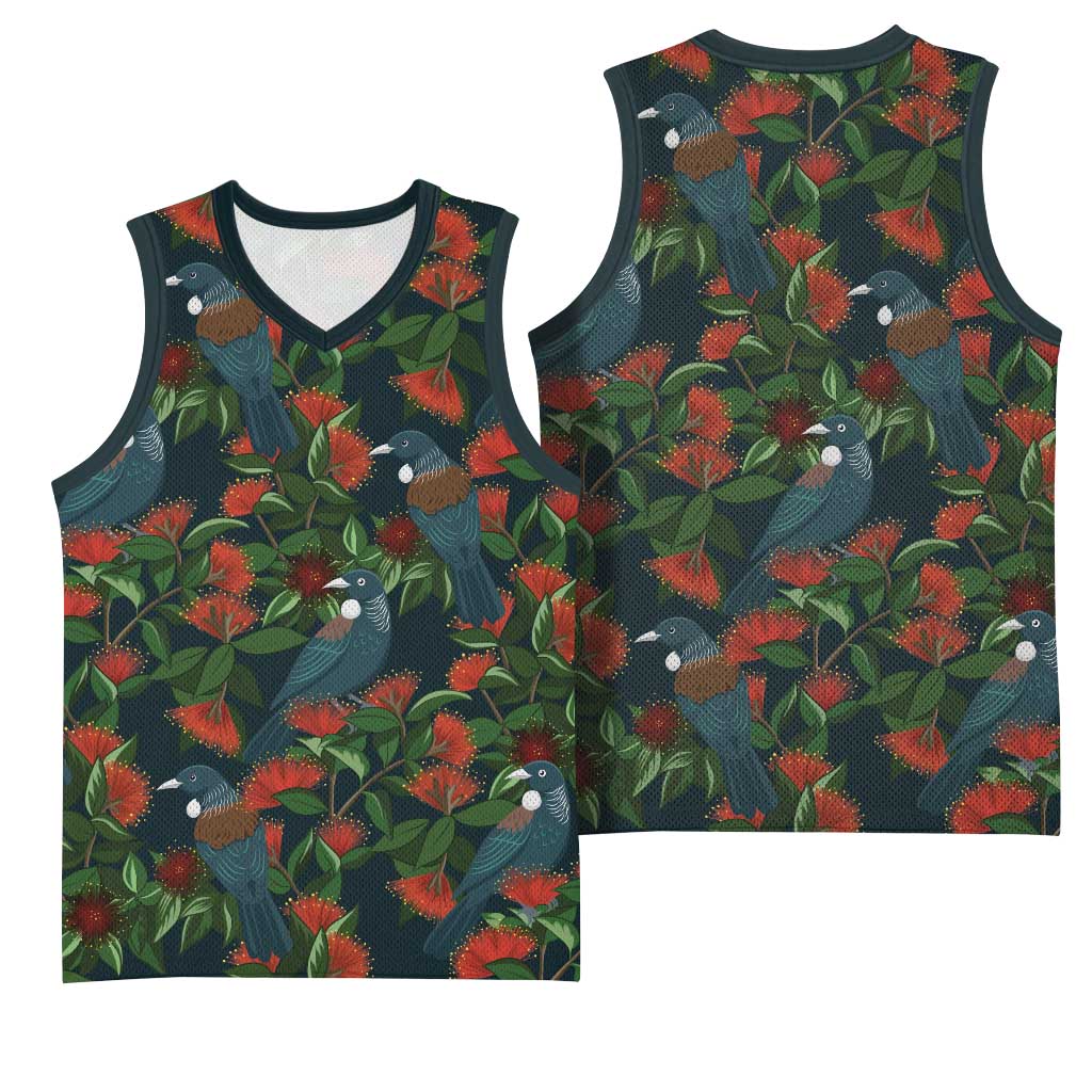New Zealand Christmas Basketball Jersey Romantic Tui Birds on Pohutukawa - Cobalt - Aussie Hoodie