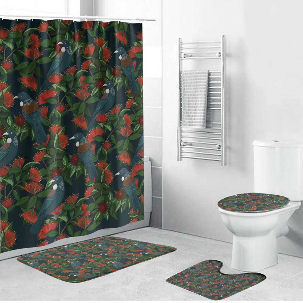 New Zealand Christmas Bathroom Set Romantic Tui Birds on Pohutukawa - Cobalt - Aussie Hoodie