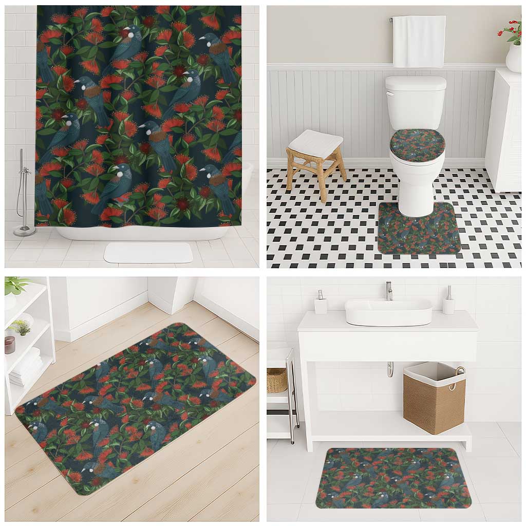 New Zealand Christmas Bathroom Set Romantic Tui Birds on Pohutukawa - Cobalt - Aussie Hoodie