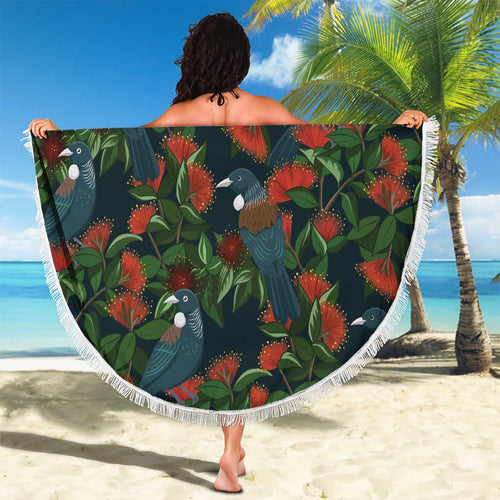 New Zealand Christmas Beach Blanket Romantic Tui Birds on Pohutukawa - Cobalt - Aussie Hoodie