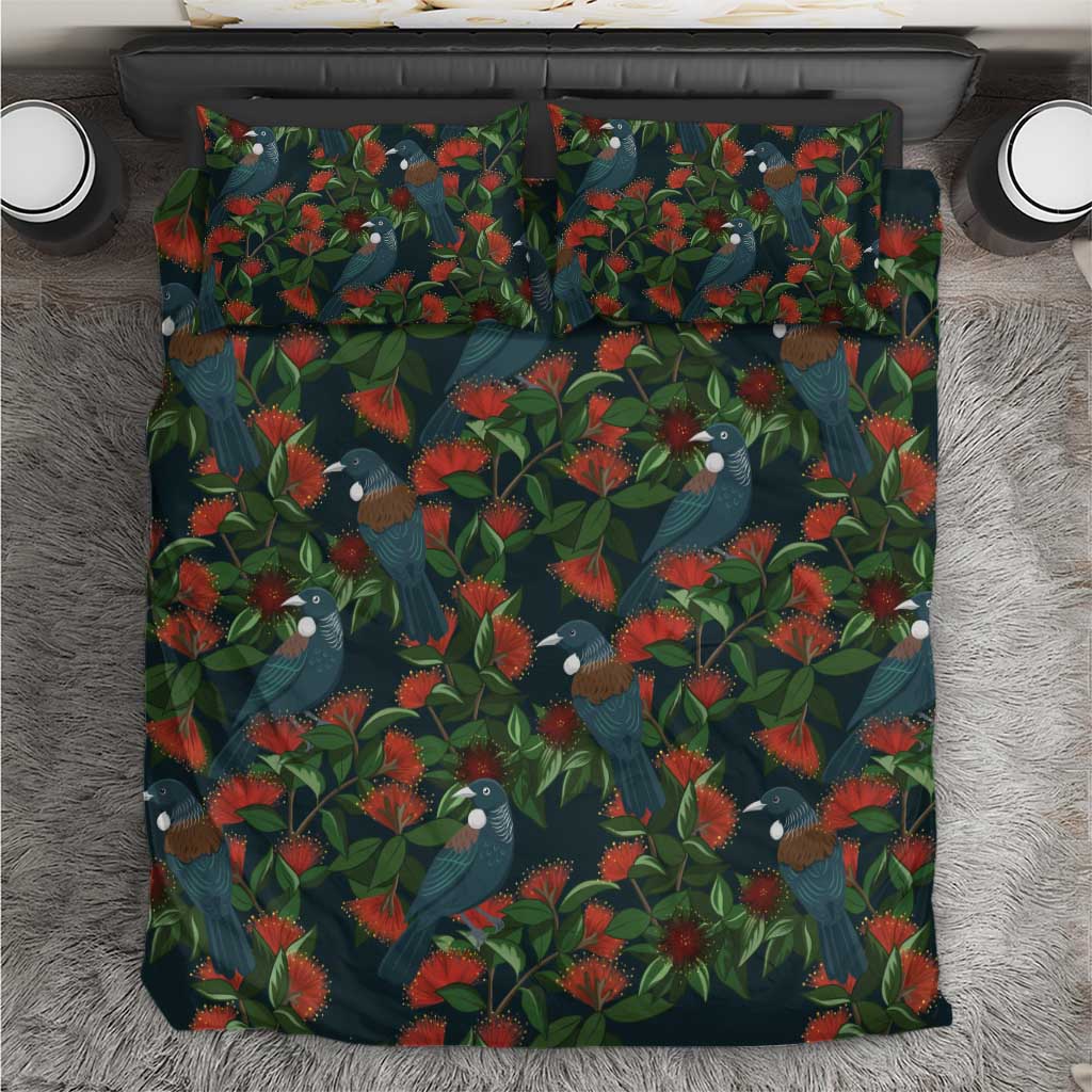 New Zealand Christmas Bedding Set Romantic Tui Birds on Pohutukawa - Cobalt - Aussie Hoodie