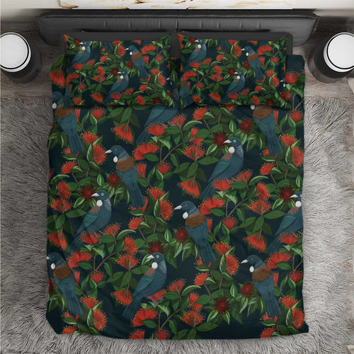 New Zealand Christmas Bedding Set Romantic Tui Birds on Pohutukawa - Cobalt - Aussie Hoodie
