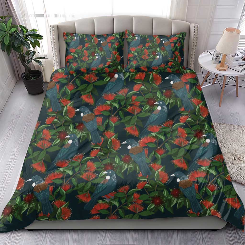 New Zealand Christmas Bedding Set Romantic Tui Birds on Pohutukawa - Cobalt - Aussie Hoodie