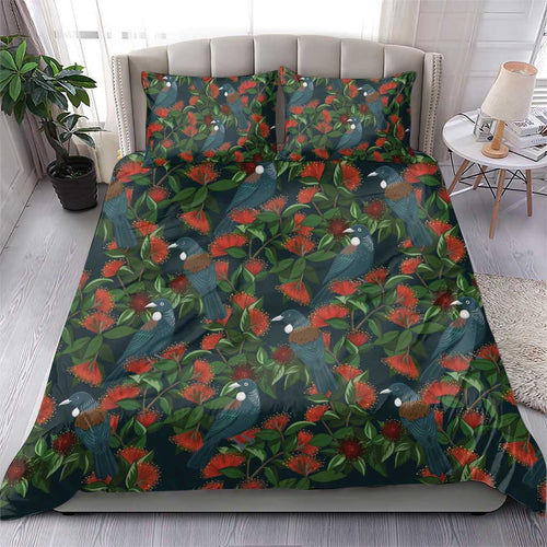 New Zealand Christmas Bedding Set Romantic Tui Birds on Pohutukawa - Cobalt - Aussie Hoodie