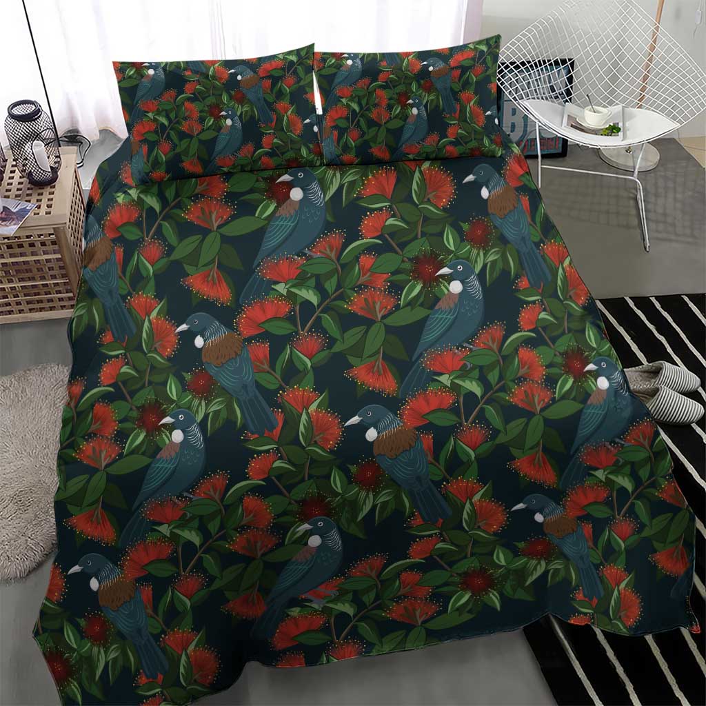 New Zealand Christmas Bedding Set Romantic Tui Birds on Pohutukawa - Cobalt - Aussie Hoodie