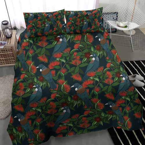 New Zealand Christmas Bedding Set Romantic Tui Birds on Pohutukawa - Cobalt - Aussie Hoodie