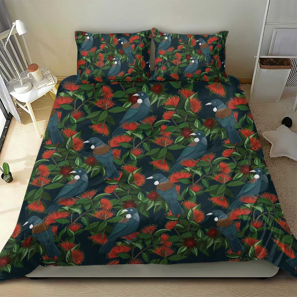 New Zealand Christmas Bedding Set Romantic Tui Birds on Pohutukawa - Cobalt - Aussie Hoodie