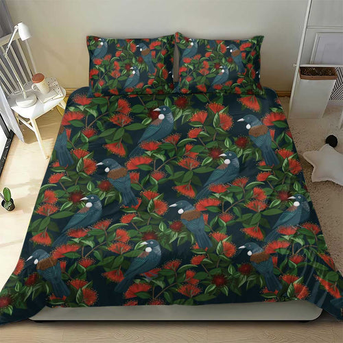New Zealand Christmas Bedding Set Romantic Tui Birds on Pohutukawa - Cobalt - Aussie Hoodie
