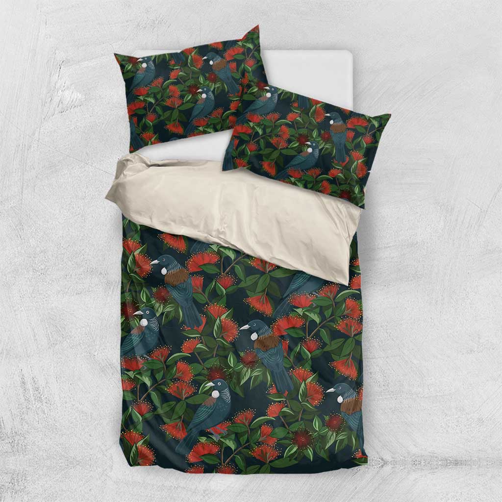 New Zealand Christmas Bedding Set Romantic Tui Birds on Pohutukawa - Cobalt - Aussie Hoodie