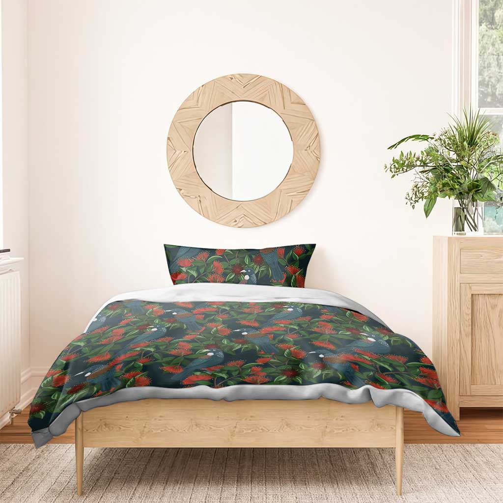 New Zealand Christmas Bedding Set Romantic Tui Birds on Pohutukawa - Cobalt - Aussie Hoodie