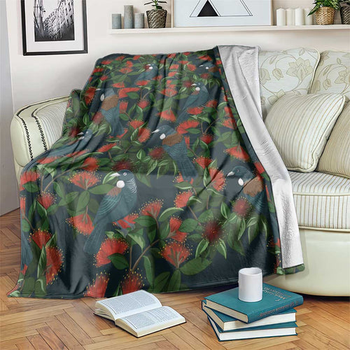 New Zealand Christmas Blanket Romantic Tui Birds on Pohutukawa - Cobalt - Aussie Hoodie