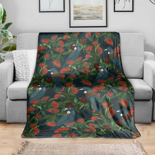 New Zealand Christmas Blanket Romantic Tui Birds on Pohutukawa - Cobalt - Aussie Hoodie