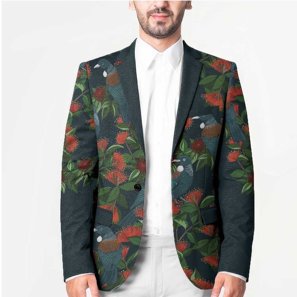 New Zealand Christmas Blazer Romantic Tui Birds on Pohutukawa - Cobalt - Aussie Hoodie