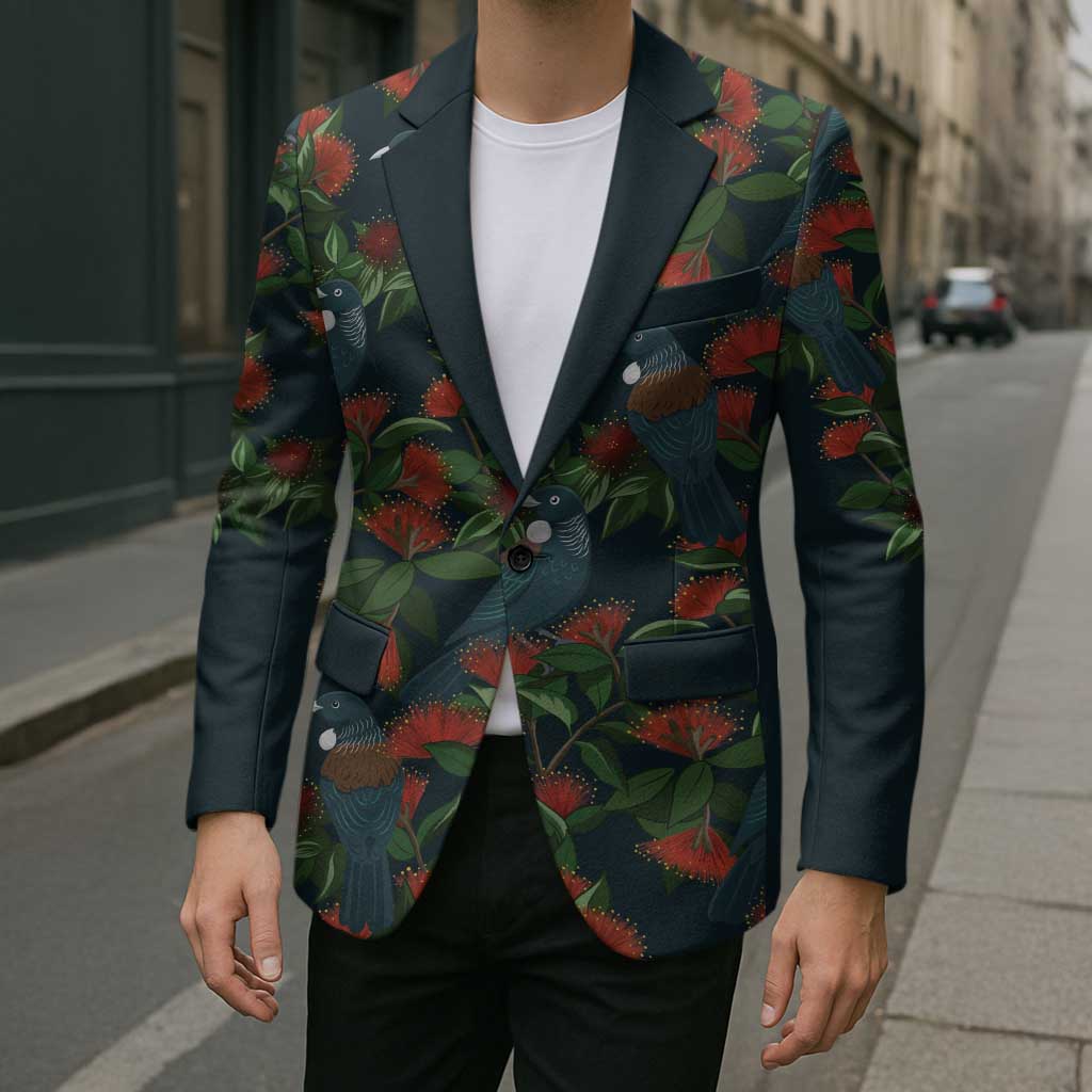 New Zealand Christmas Blazer Romantic Tui Birds on Pohutukawa - Cobalt - Aussie Hoodie