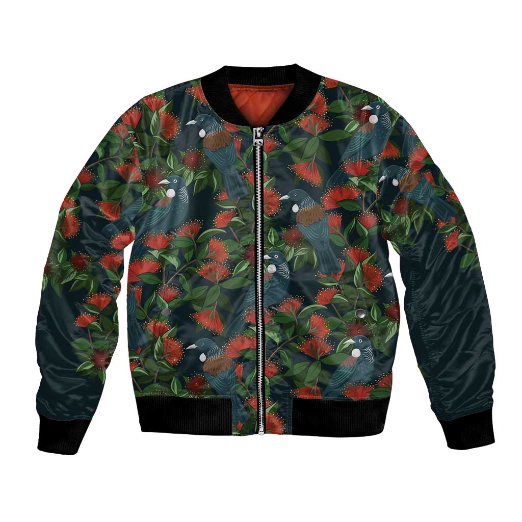 New Zealand Christmas Bomber Jacket Romantic Tui Birds on Pohutukawa - Cobalt - Aussie Hoodie