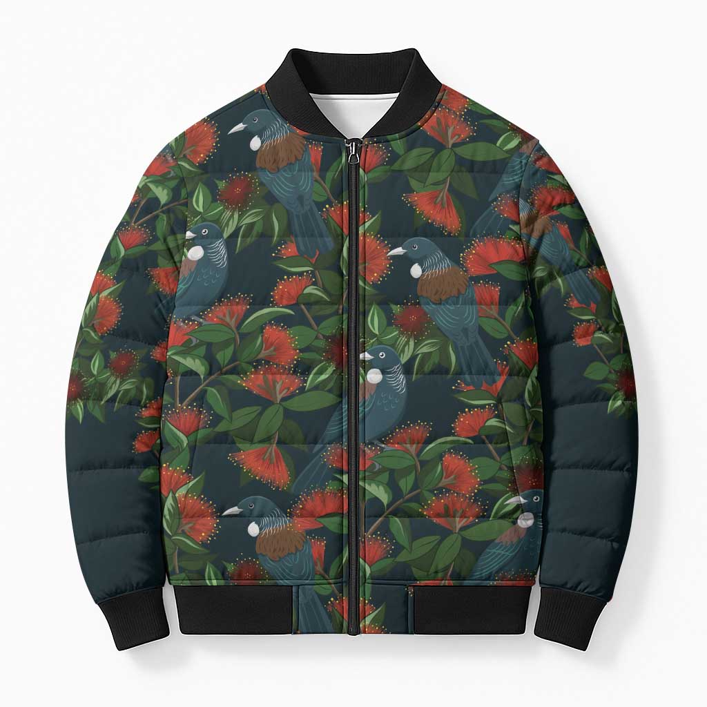 New Zealand Christmas Bomber Puffer Jacket Romantic Tui Birds on Pohutukawa - Cobalt - Aussie Hoodie