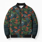 New Zealand Christmas Bomber Puffer Jacket Romantic Tui Birds on Pohutukawa - Cobalt - Aussie Hoodie