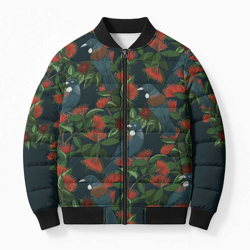 New Zealand Christmas Bomber Puffer Jacket Romantic Tui Birds on Pohutukawa - Cobalt - Aussie Hoodie