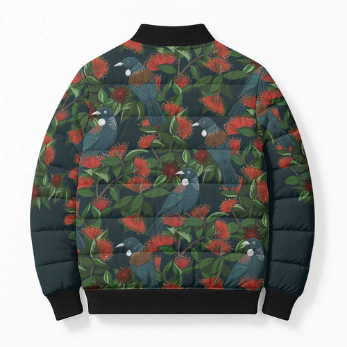 New Zealand Christmas Bomber Puffer Jacket Romantic Tui Birds on Pohutukawa - Cobalt - Aussie Hoodie