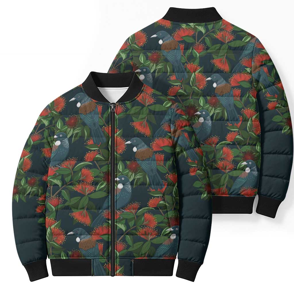 New Zealand Christmas Bomber Puffer Jacket Romantic Tui Birds on Pohutukawa - Cobalt - Aussie Hoodie