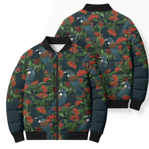 New Zealand Christmas Bomber Puffer Jacket Romantic Tui Birds on Pohutukawa - Cobalt - Aussie Hoodie