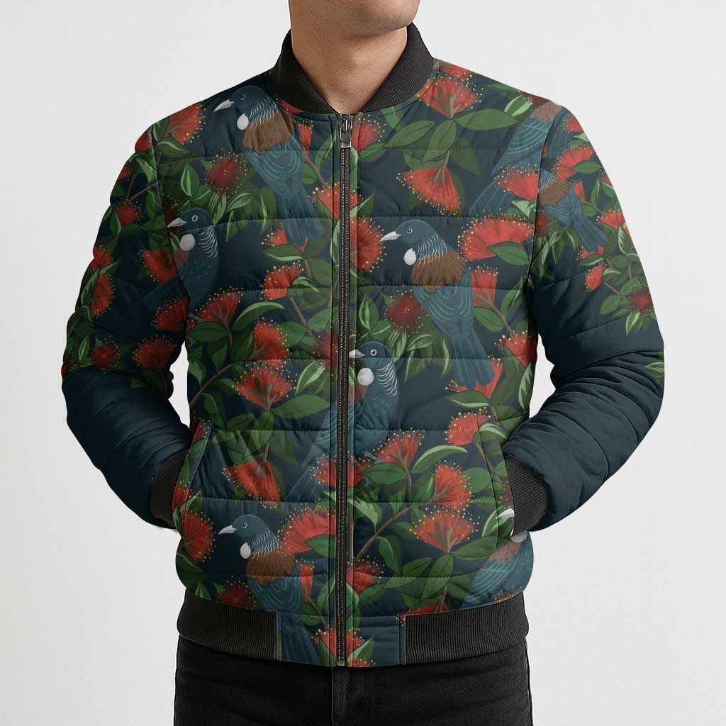 New Zealand Christmas Bomber Puffer Jacket Romantic Tui Birds on Pohutukawa - Cobalt - Aussie Hoodie