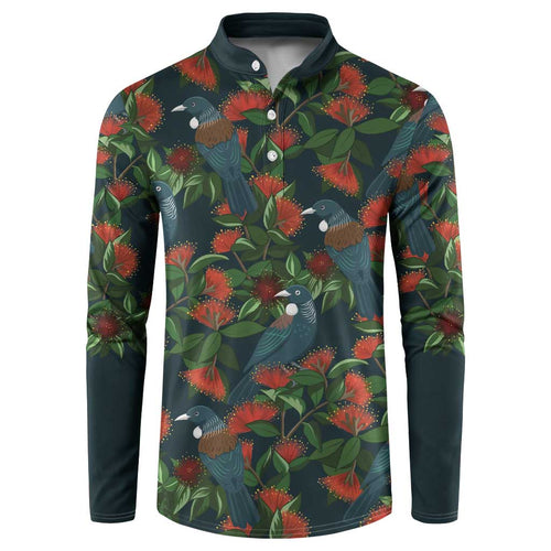 New Zealand Christmas Button Sweatshirt Romantic Tui Birds on Pohutukawa - Cobalt - Aussie Hoodie