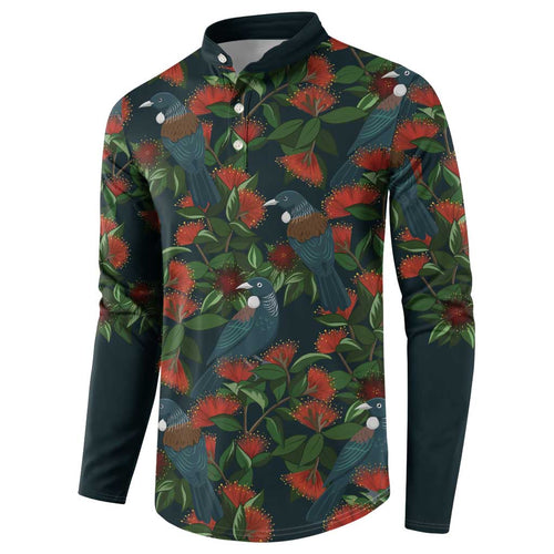 New Zealand Christmas Button Sweatshirt Romantic Tui Birds on Pohutukawa - Cobalt - Aussie Hoodie