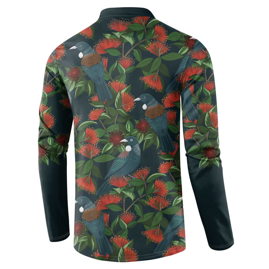 New Zealand Christmas Button Sweatshirt Romantic Tui Birds on Pohutukawa - Cobalt - Aussie Hoodie