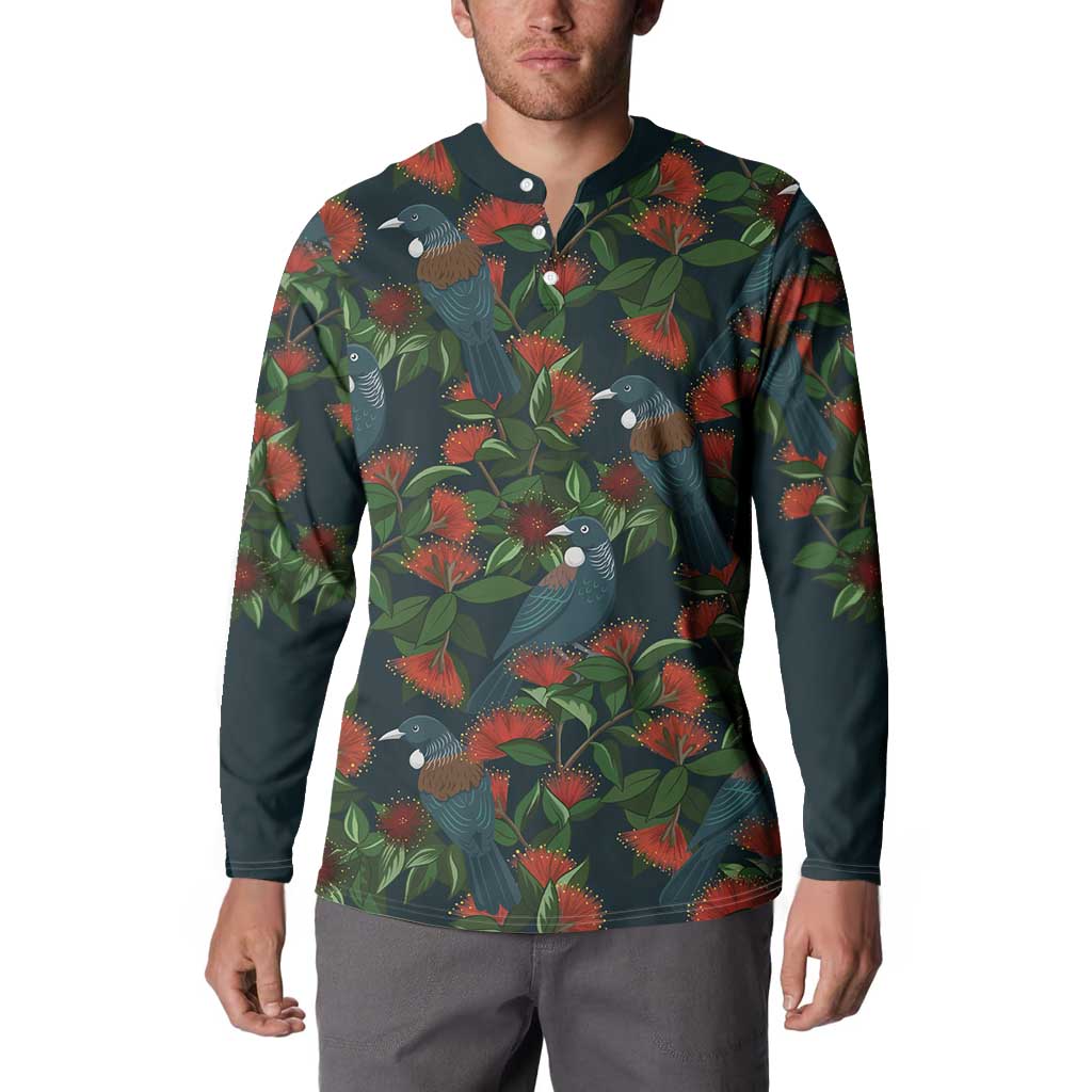 New Zealand Christmas Button Sweatshirt Romantic Tui Birds on Pohutukawa - Cobalt - Aussie Hoodie