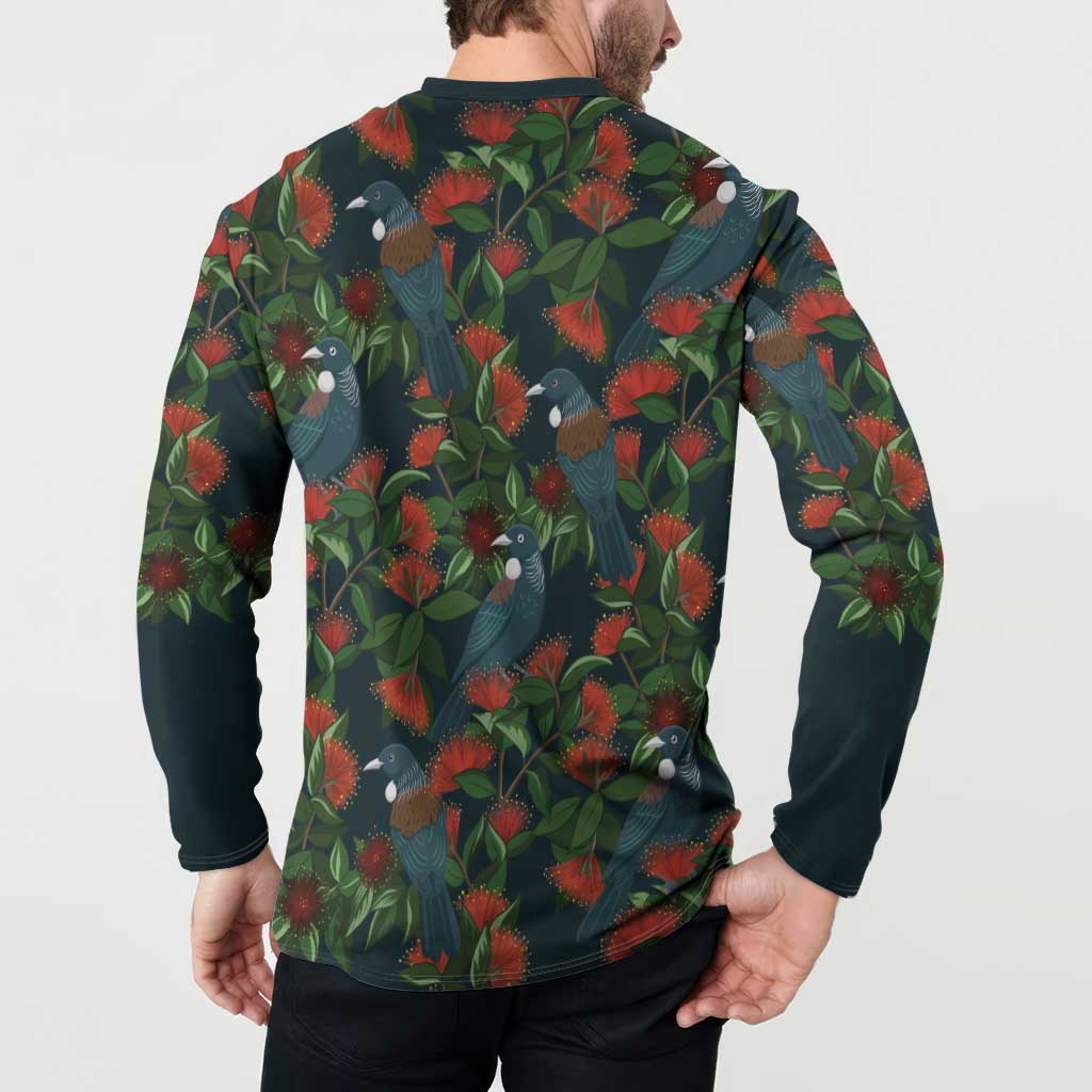 New Zealand Christmas Button Sweatshirt Romantic Tui Birds on Pohutukawa - Cobalt - Aussie Hoodie